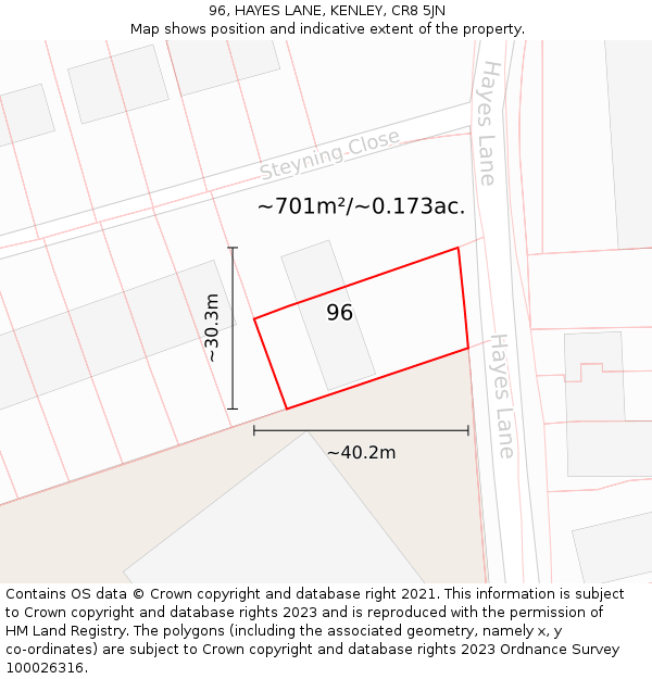 96, HAYES LANE, KENLEY, CR8 5JN: Plot and title map