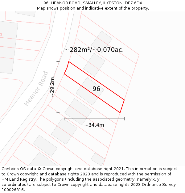 96, HEANOR ROAD, SMALLEY, ILKESTON, DE7 6DX: Plot and title map