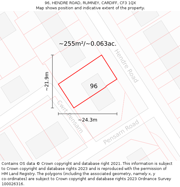 96, HENDRE ROAD, RUMNEY, CARDIFF, CF3 1QX: Plot and title map