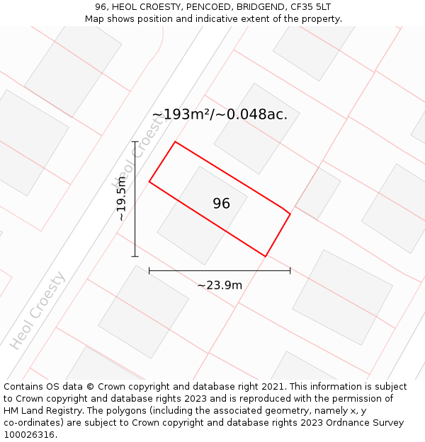 96, HEOL CROESTY, PENCOED, BRIDGEND, CF35 5LT: Plot and title map