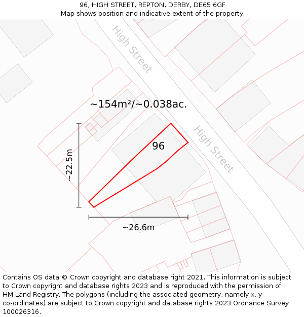 96, HIGH STREET, REPTON, DERBY, DE65 6GF: Plot and title map