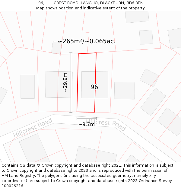 96, HILLCREST ROAD, LANGHO, BLACKBURN, BB6 8EN: Plot and title map
