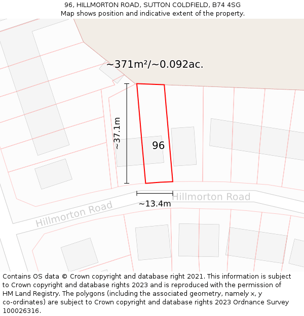 96, HILLMORTON ROAD, SUTTON COLDFIELD, B74 4SG: Plot and title map