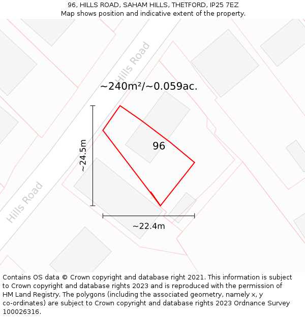 96, HILLS ROAD, SAHAM HILLS, THETFORD, IP25 7EZ: Plot and title map