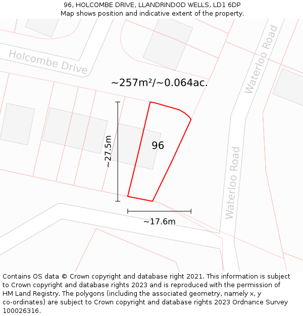 96, HOLCOMBE DRIVE, LLANDRINDOD WELLS, LD1 6DP: Plot and title map
