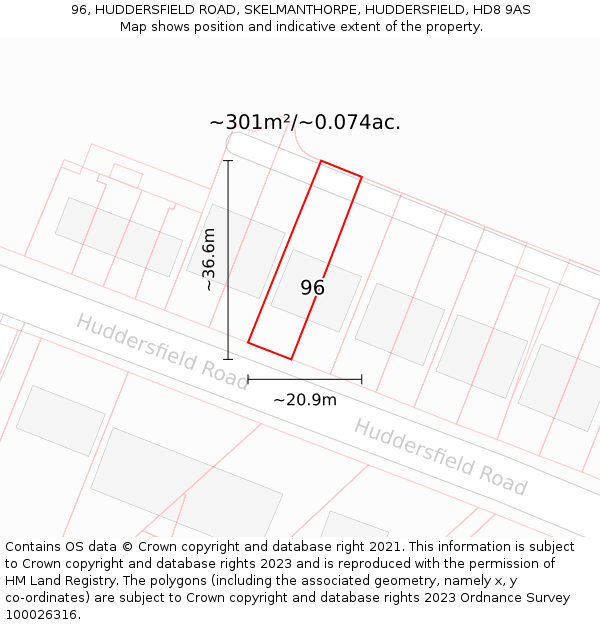 96, HUDDERSFIELD ROAD, SKELMANTHORPE, HUDDERSFIELD, HD8 9AS: Plot and title map