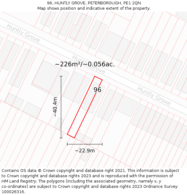 96, HUNTLY GROVE, PETERBOROUGH, PE1 2QN: Plot and title map