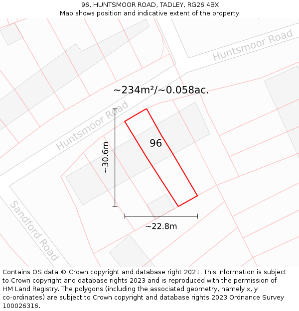 96, HUNTSMOOR ROAD, TADLEY, RG26 4BX: Plot and title map