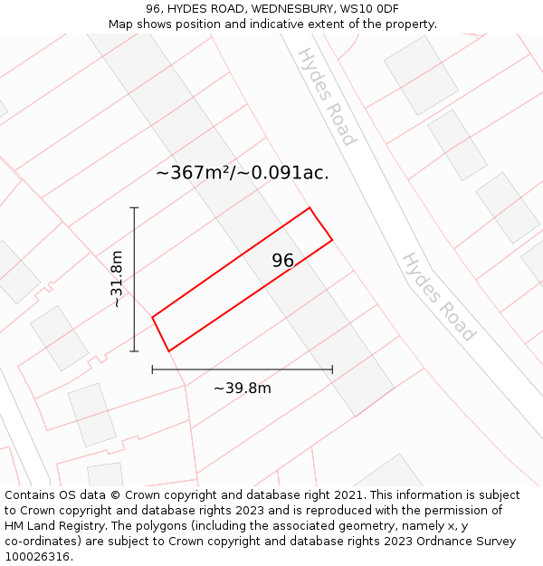 96, HYDES ROAD, WEDNESBURY, WS10 0DF: Plot and title map