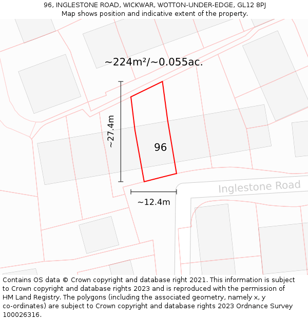 96, INGLESTONE ROAD, WICKWAR, WOTTON-UNDER-EDGE, GL12 8PJ: Plot and title map