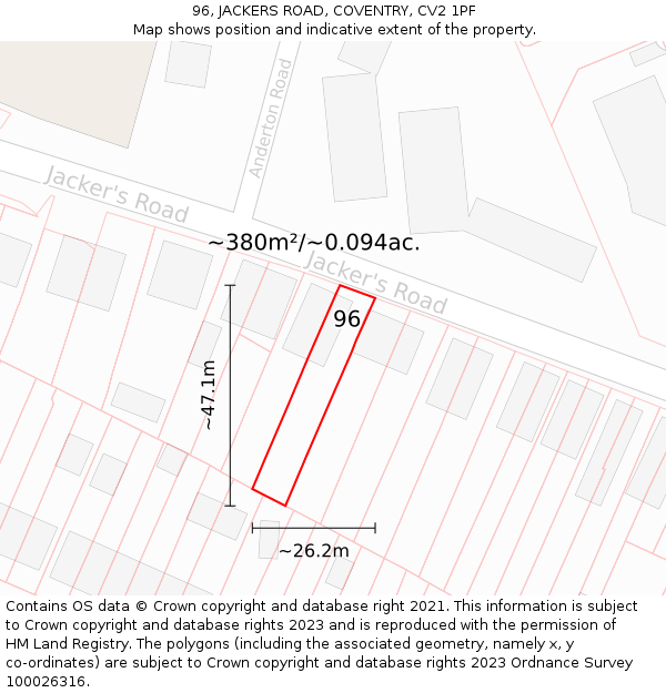 96, JACKERS ROAD, COVENTRY, CV2 1PF: Plot and title map