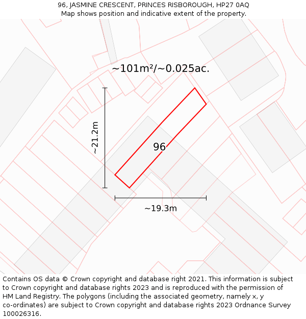 96, JASMINE CRESCENT, PRINCES RISBOROUGH, HP27 0AQ: Plot and title map