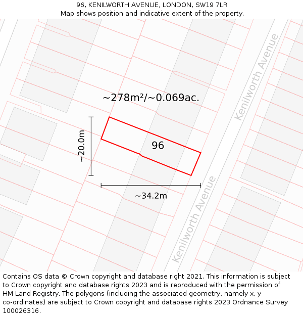 96, KENILWORTH AVENUE, LONDON, SW19 7LR: Plot and title map