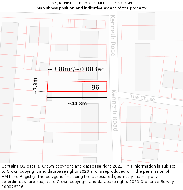 96, KENNETH ROAD, BENFLEET, SS7 3AN: Plot and title map