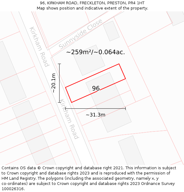 96, KIRKHAM ROAD, FRECKLETON, PRESTON, PR4 1HT: Plot and title map