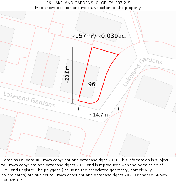 96, LAKELAND GARDENS, CHORLEY, PR7 2LS: Plot and title map