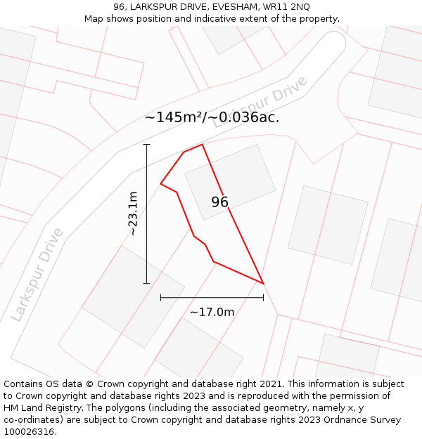 96, LARKSPUR DRIVE, EVESHAM, WR11 2NQ: Plot and title map