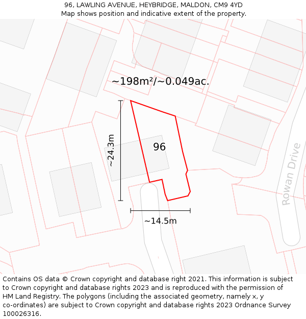 96, LAWLING AVENUE, HEYBRIDGE, MALDON, CM9 4YD: Plot and title map