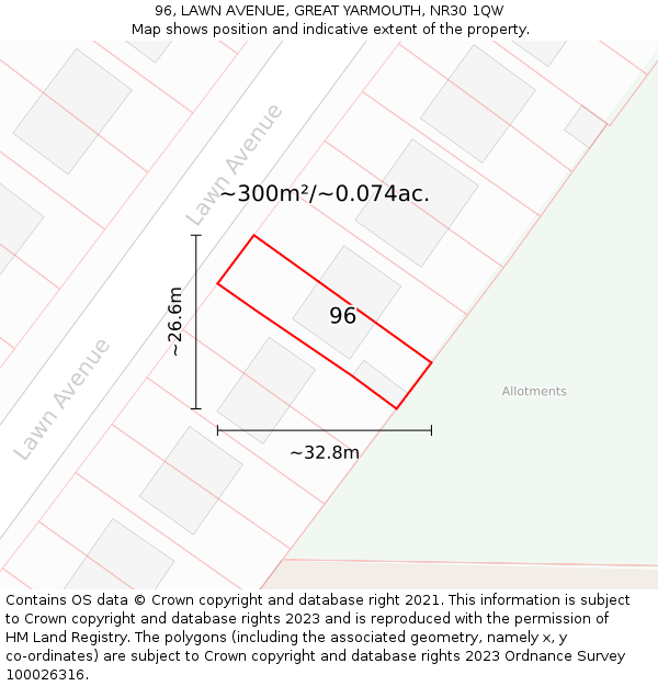 96, LAWN AVENUE, GREAT YARMOUTH, NR30 1QW: Plot and title map