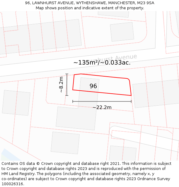 96, LAWNHURST AVENUE, WYTHENSHAWE, MANCHESTER, M23 9SA: Plot and title map