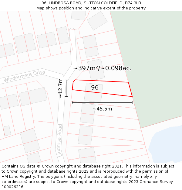 96, LINDROSA ROAD, SUTTON COLDFIELD, B74 3LB: Plot and title map