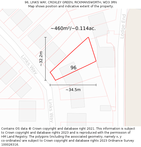 96, LINKS WAY, CROXLEY GREEN, RICKMANSWORTH, WD3 3RN: Plot and title map