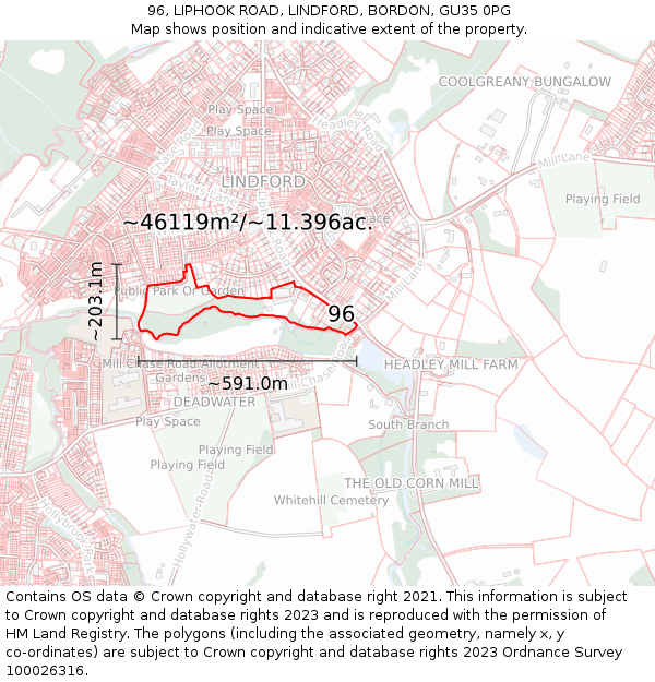 96, LIPHOOK ROAD, LINDFORD, BORDON, GU35 0PG: Plot and title map