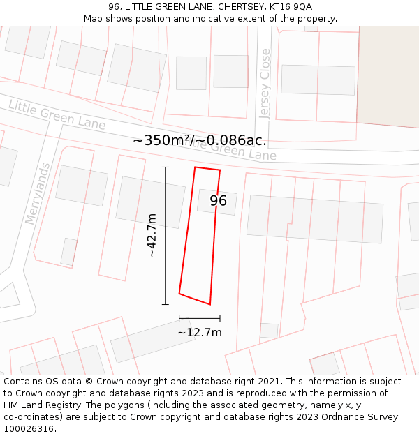 96, LITTLE GREEN LANE, CHERTSEY, KT16 9QA: Plot and title map