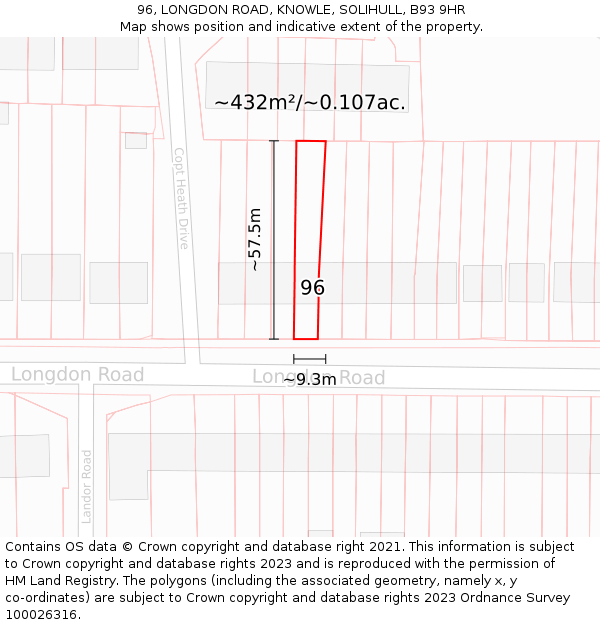 96, LONGDON ROAD, KNOWLE, SOLIHULL, B93 9HR: Plot and title map