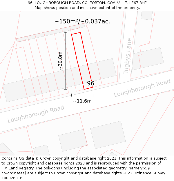96, LOUGHBOROUGH ROAD, COLEORTON, COALVILLE, LE67 8HF: Plot and title map