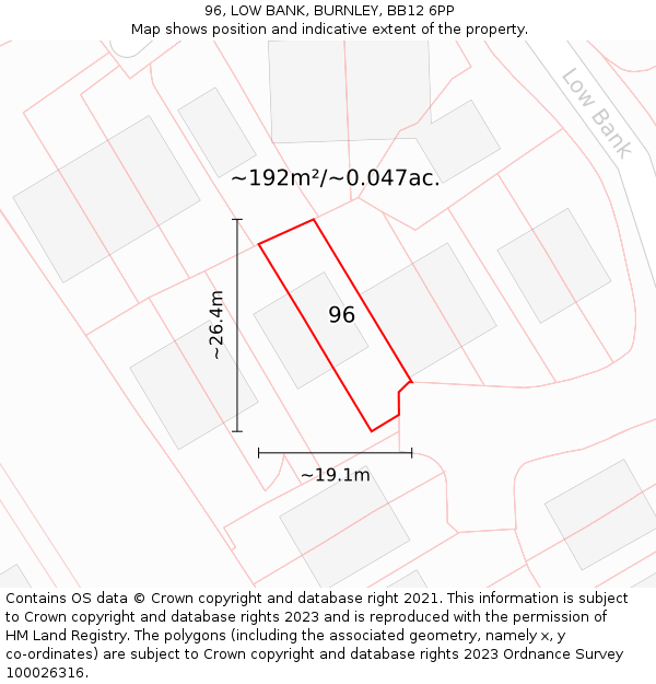 96, LOW BANK, BURNLEY, BB12 6PP: Plot and title map