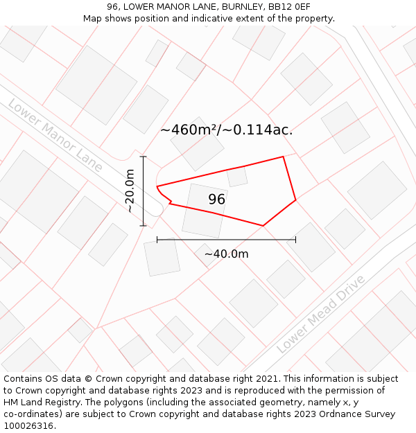 96, LOWER MANOR LANE, BURNLEY, BB12 0EF: Plot and title map