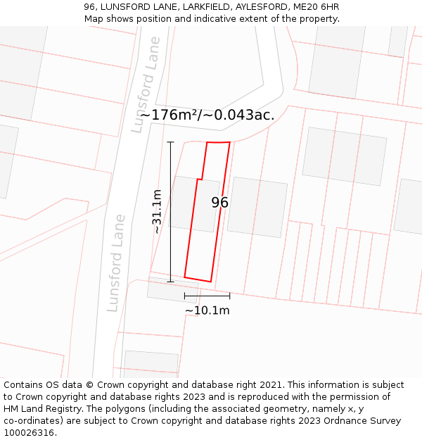 96, LUNSFORD LANE, LARKFIELD, AYLESFORD, ME20 6HR: Plot and title map