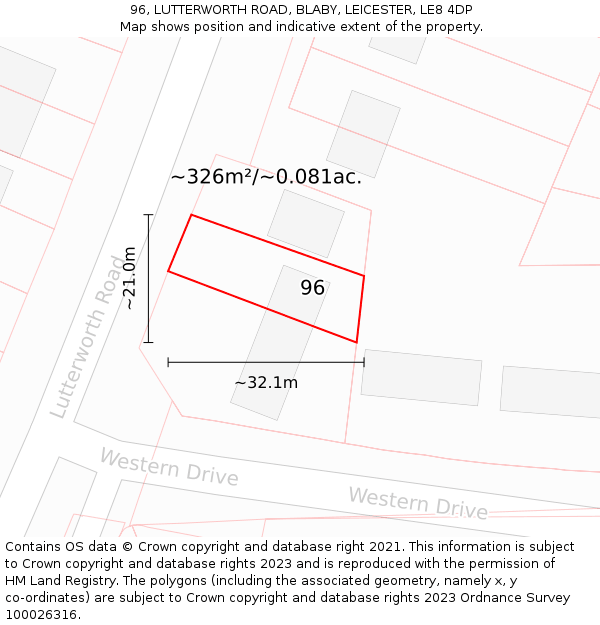 96, LUTTERWORTH ROAD, BLABY, LEICESTER, LE8 4DP: Plot and title map