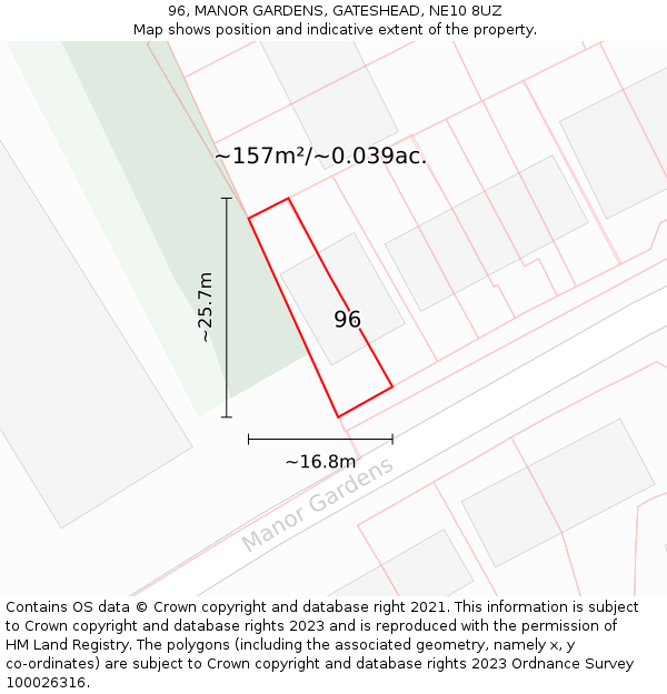 96, MANOR GARDENS, GATESHEAD, NE10 8UZ: Plot and title map