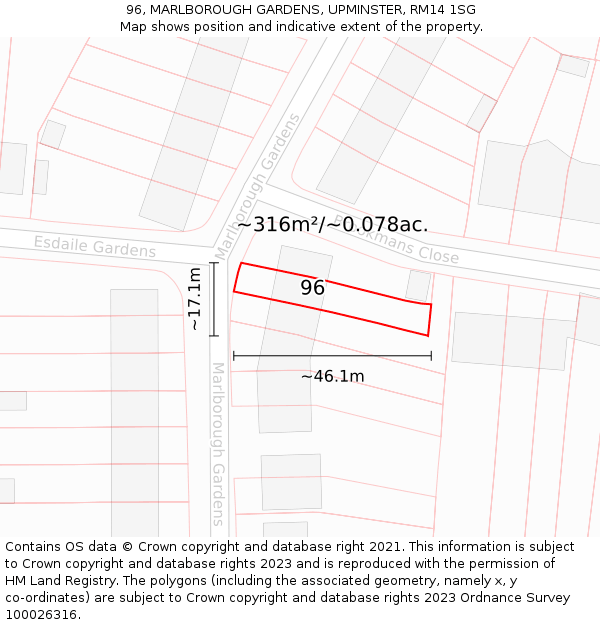 96, MARLBOROUGH GARDENS, UPMINSTER, RM14 1SG: Plot and title map