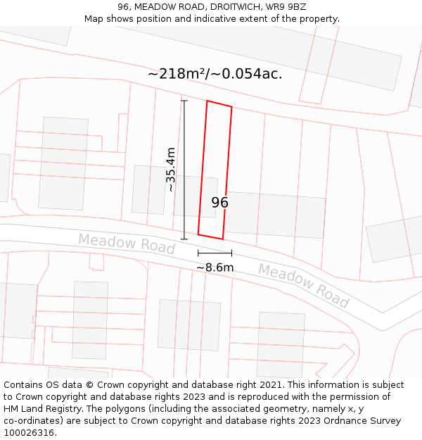 96, MEADOW ROAD, DROITWICH, WR9 9BZ: Plot and title map