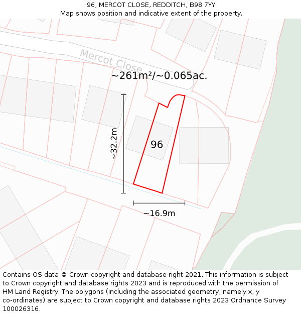 96, MERCOT CLOSE, REDDITCH, B98 7YY: Plot and title map