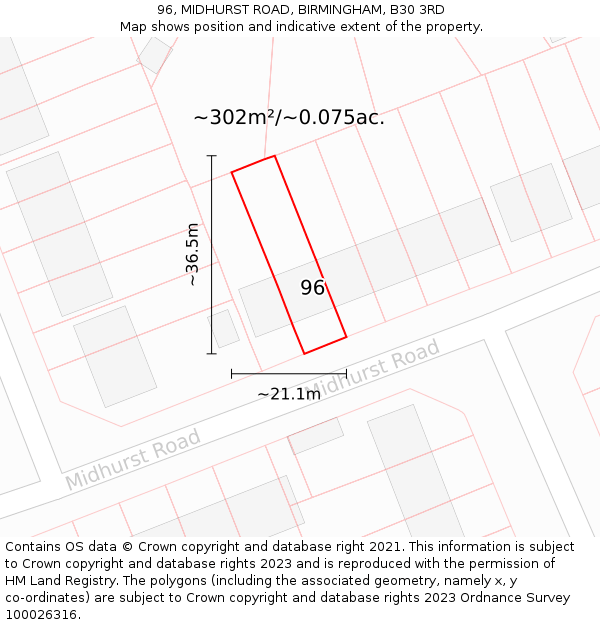 96, MIDHURST ROAD, BIRMINGHAM, B30 3RD: Plot and title map
