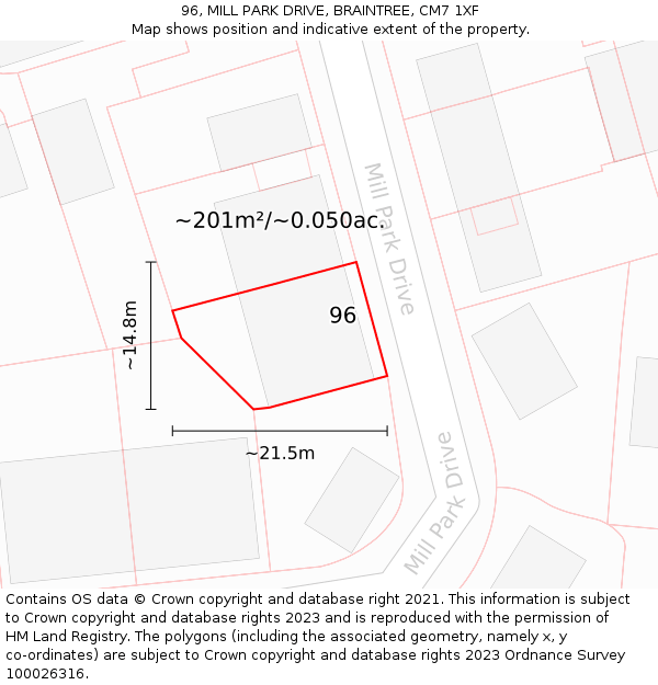 96, MILL PARK DRIVE, BRAINTREE, CM7 1XF: Plot and title map