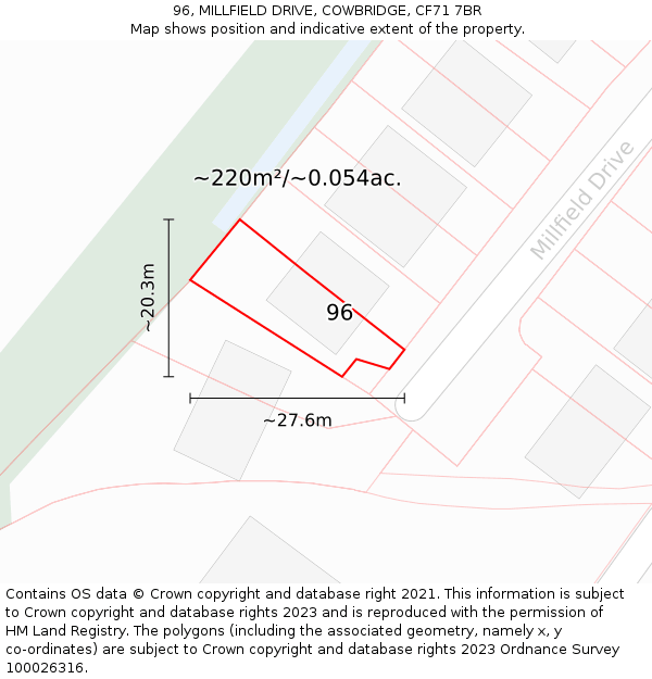 96, MILLFIELD DRIVE, COWBRIDGE, CF71 7BR: Plot and title map