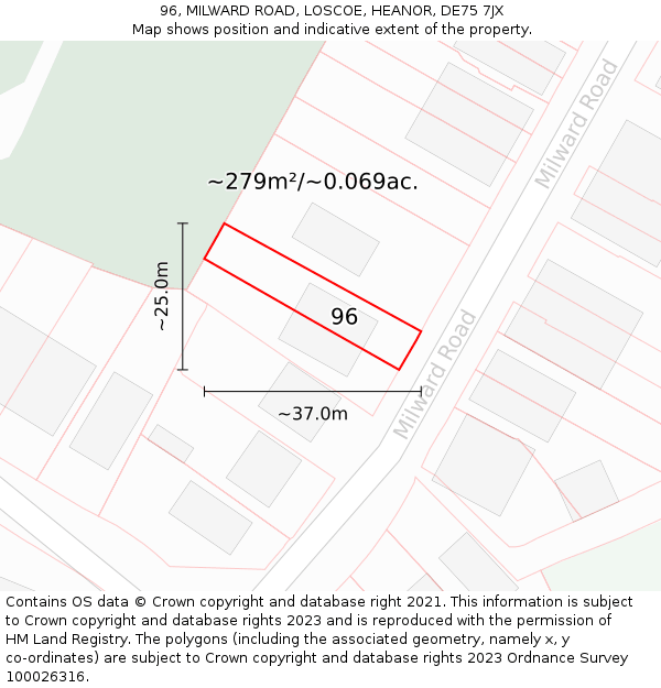 96, MILWARD ROAD, LOSCOE, HEANOR, DE75 7JX: Plot and title map