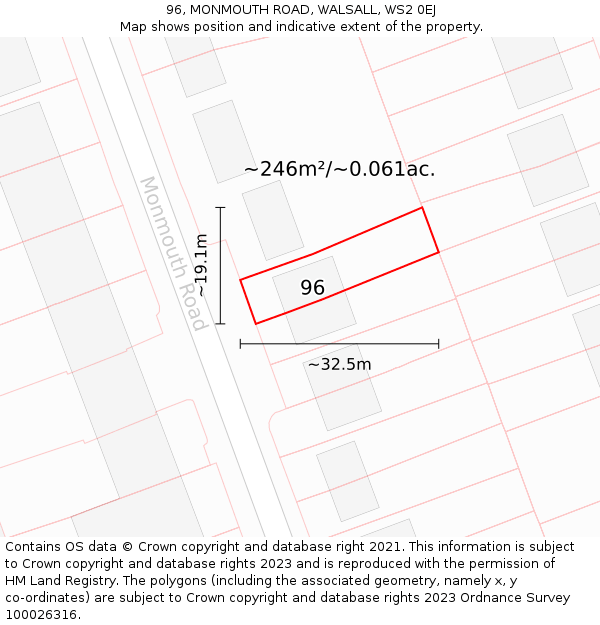 96, MONMOUTH ROAD, WALSALL, WS2 0EJ: Plot and title map