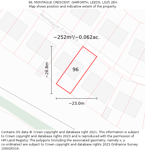 96, MONTAGUE CRESCENT, GARFORTH, LEEDS, LS25 2EH: Plot and title map
