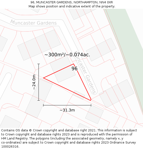 96, MUNCASTER GARDENS, NORTHAMPTON, NN4 0XR: Plot and title map
