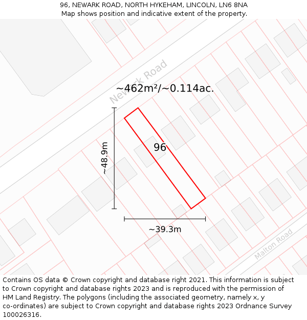 96, NEWARK ROAD, NORTH HYKEHAM, LINCOLN, LN6 8NA: Plot and title map