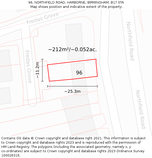 96, NORTHFIELD ROAD, HARBORNE, BIRMINGHAM, B17 0TA: Plot and title map