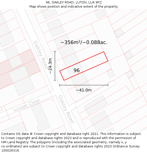 96, OAKLEY ROAD, LUTON, LU4 9PZ: Plot and title map
