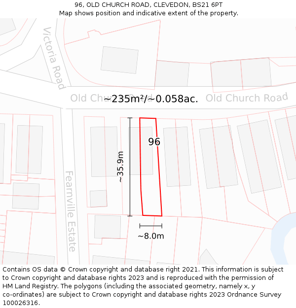 96, OLD CHURCH ROAD, CLEVEDON, BS21 6PT: Plot and title map