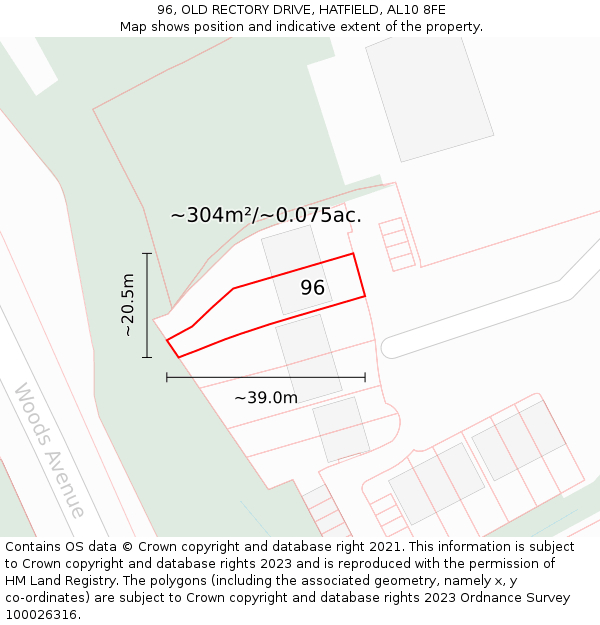 96, OLD RECTORY DRIVE, HATFIELD, AL10 8FE: Plot and title map